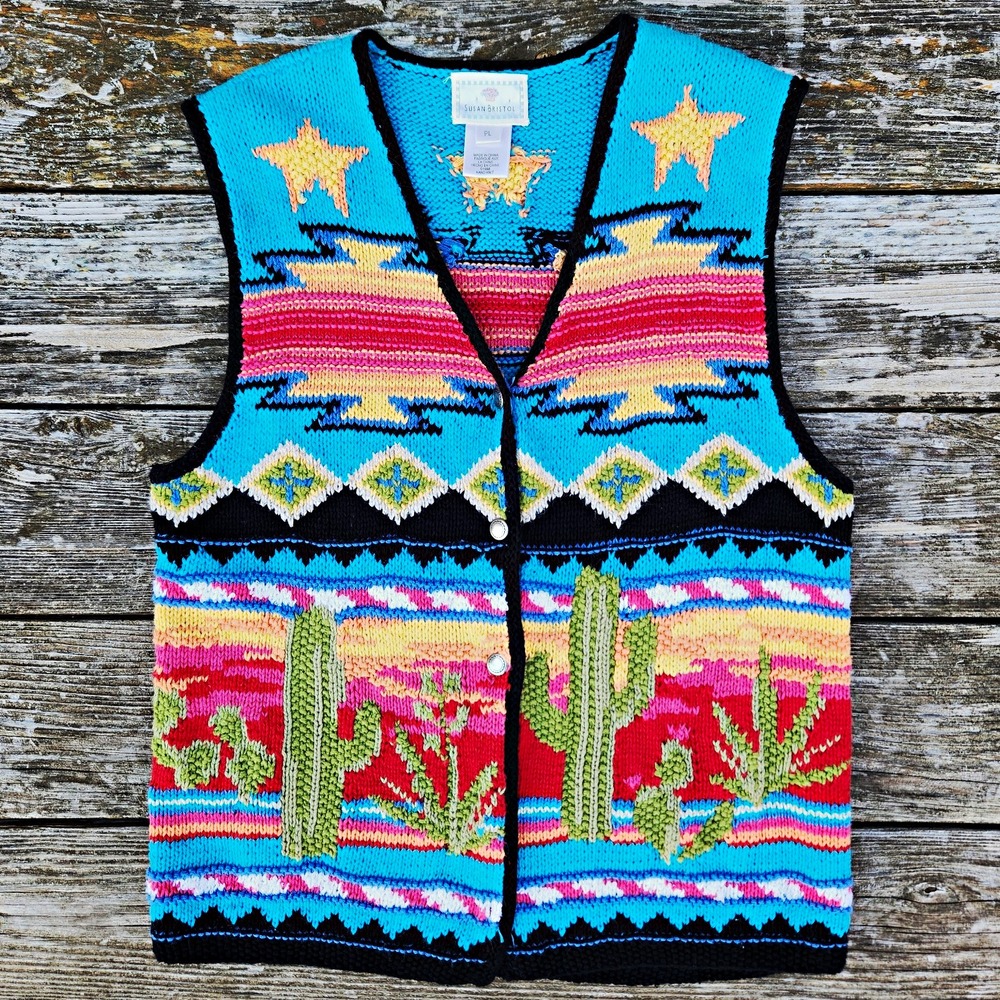Vintage 90s Susan Bristol Southwestern Cactus Hand Knit Sweater Vest Womens PL